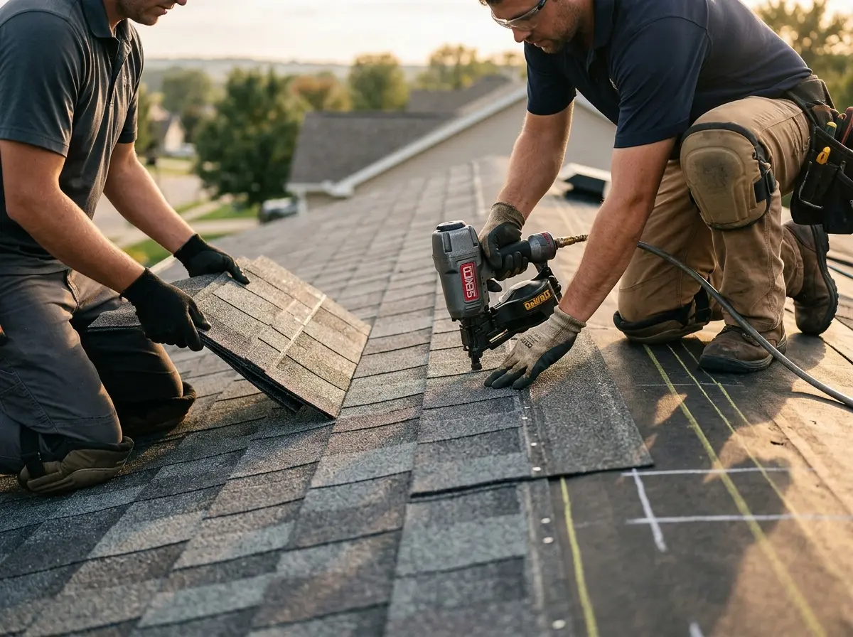 Professional roofer working on a residential roof in Potsdam
